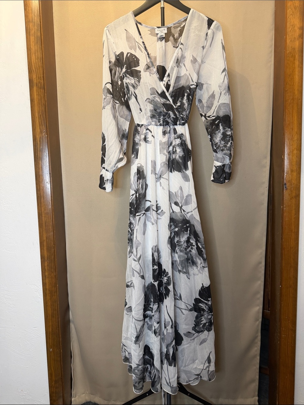 Long Sleeve Black & White Floral Wrap Maxi Dress